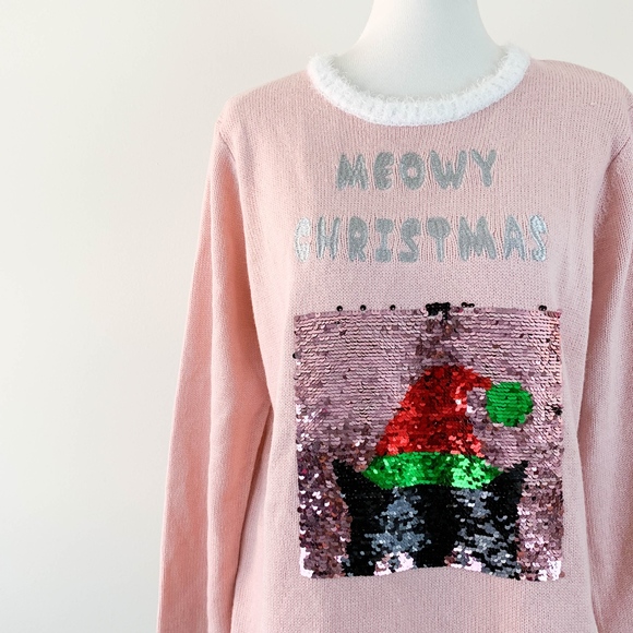 Sweaters - Meowy Christmas Crewneck Sweater Large Sequin Cat